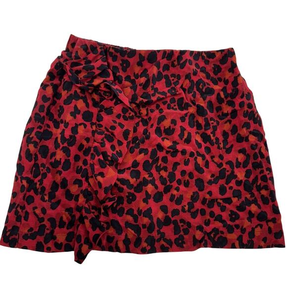 Zara Trafaluc Skirt Womens XS Red Black Leopard Print Ruffle Wrap Mini Animal - Picture 1 of 7